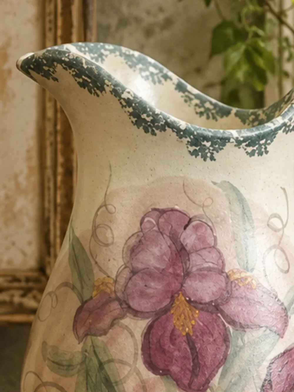 Rare Vintage Hand Painted Studio Art Hand Thrown Pottery Iris Pitcher